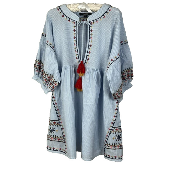 Forever 21 Dress Women's XL Blue and White Striped Cotton Embroidered Peasant - Picture 1 of 7